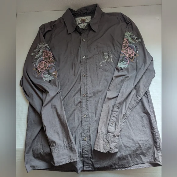 Vtg Ed Hardy Christian Audigier Floral Skull Kiss Of Death Men’s XL Grey - Picture 1 of 16
